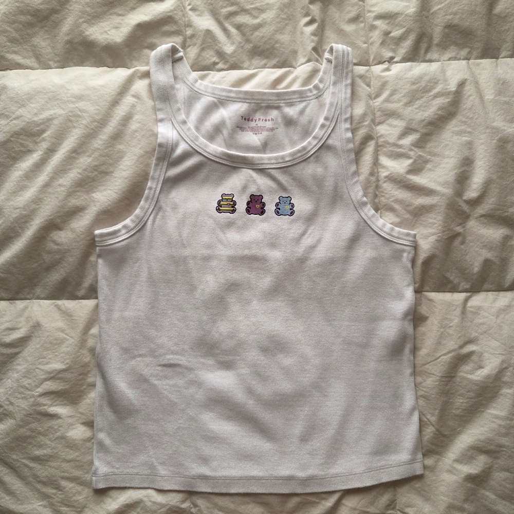 Unisex White Tank Top with Bear Print